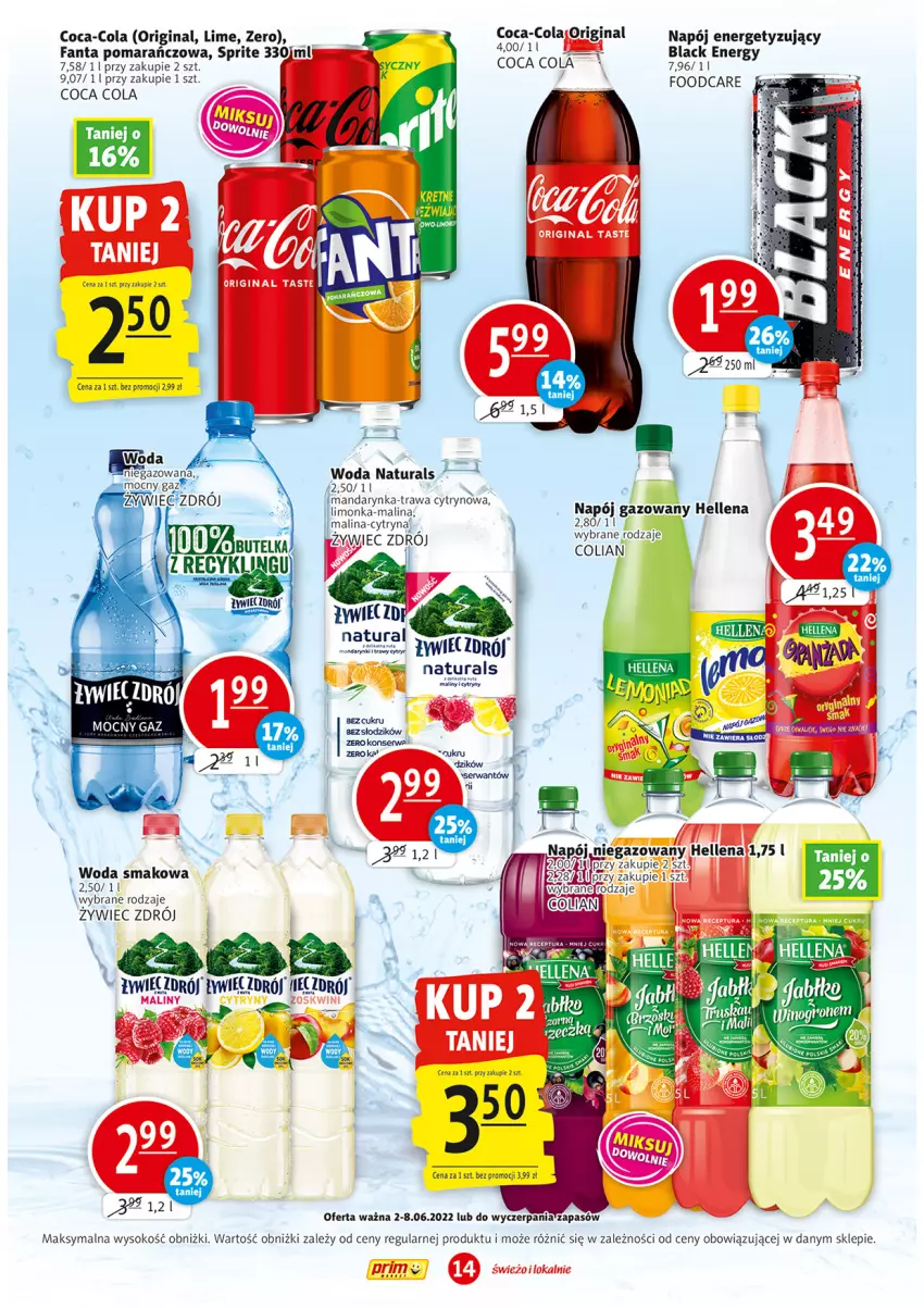 Gazetka promocyjna Prim Market - ważna 02.06 do 08.06.2022 - strona 14 - produkty: Coca-Cola, Cytryny, Fa, Fanta, Gin, Hellena, Lack, Limonka, Maliny, Napój, Napój gazowany, Napój niegazowany, Sok, Sprite, Woda