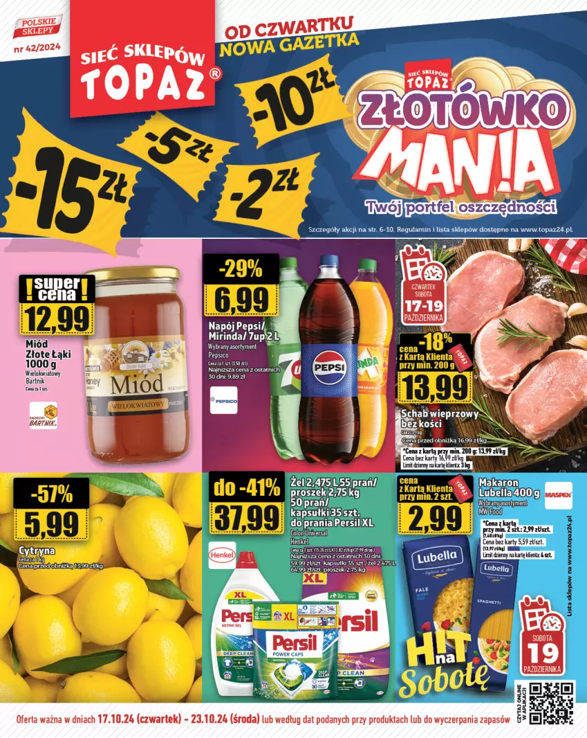 Gazetka promocyjna Topaz - Gazetka - ważna 17.10 do 23.10.2024 - strona 1 - produkty: 7up, Bell, Bella, Makaron, Mirinda, Napój, Pepsi, Persil, Top