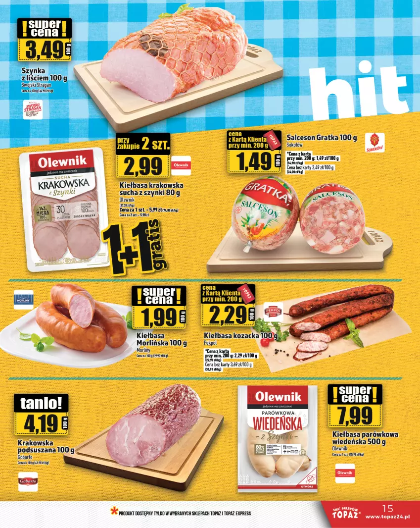 Gazetka promocyjna Topaz - Gazetka - ważna 17.10 do 23.10.2024 - strona 15 - produkty: Gra, Kiełbasa, Kiełbasa krakowska, Morliny, Olewnik, Pekpol, Salceson, Sok, Sokołów, Top