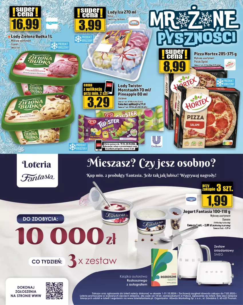 Gazetka promocyjna Topaz - Gazetka - ważna 17.10 do 23.10.2024 - strona 18 - produkty: Danio, Danone, Fa, Fanta, Gin, Gra, Gry, Hortex, Jogurt, Kosz, Książka, Lody, Ogród, Paola, Pizza, Zielona Budka