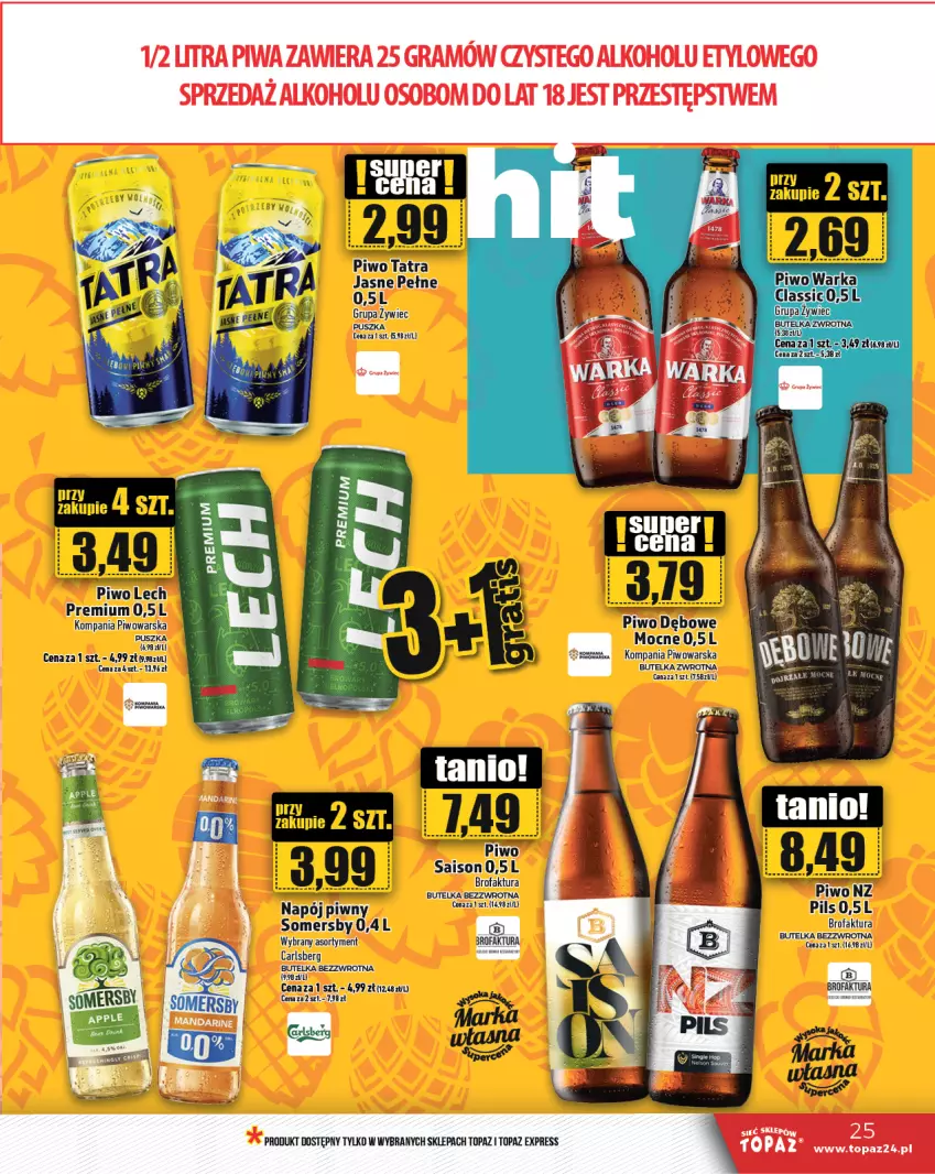 Gazetka promocyjna Topaz - Gazetka - ważna 17.10 do 23.10.2024 - strona 25 - produkty: Carlsberg, Fa, Gra, Lech Premium, Napój, Piwa, Piwo, Somersby, Tatra, Top, Warka