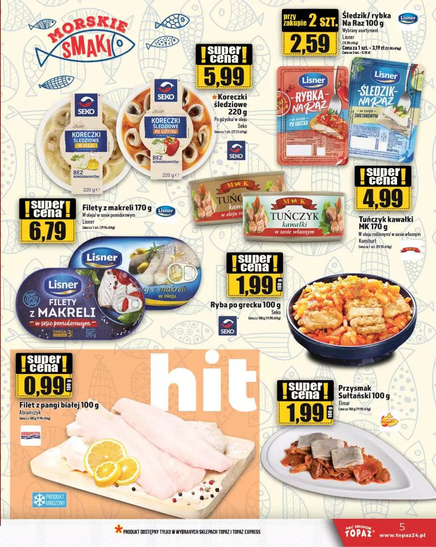 Gazetka promocyjna Topaz - Gazetka - ważna 17.10 do 23.10.2024 - strona 5 - produkty: Filet z pangi, Kawa, Koreczki śledziowe, Lisner, Olej, SEKO, Sos, Top, Tuńczyk