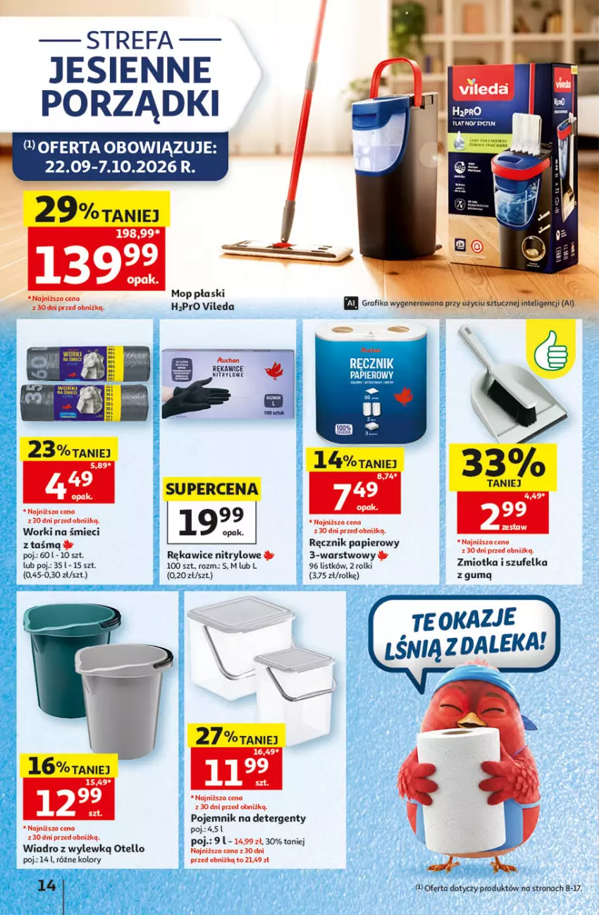 Gazetka promocyjna Auchan - 30 Lat Hipermarket - ważna 24.09 do 30.09.2026 - strona 14 - produkty: Fa, Mop, Papier, Pojemnik, Por, Ręcznik, Rękawice, Rolki, Szufelka, Vileda, Wiadro, Worki na śmiec, Worki na śmieci
