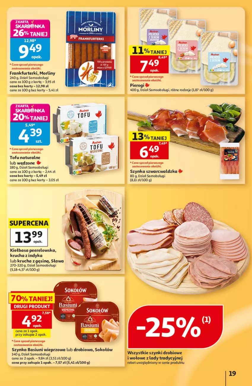 Gazetka promocyjna Auchan - 30 Lat Hipermarket - ważna 24.09 do 30.09.2026 - strona 19 - produkty: Frankfurterki, Kiełbasa, Morliny, Pierogi, Sok, Sokołów, Stek, Szynka, Tofu