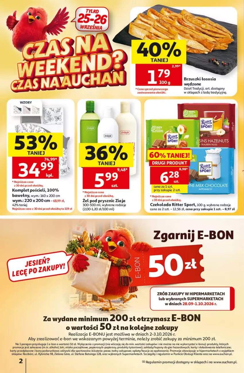 Gazetka promocyjna Auchan - 30 Lat Hipermarket - ważna 24.09 do 30.09.2026 - strona 2 - produkty: Czekolada, Fa, Komplet pościeli, Mleko, Olej, Papier, Por, Pościel, Ritter Sport, Sos, Sport, Telefon, Ziaja