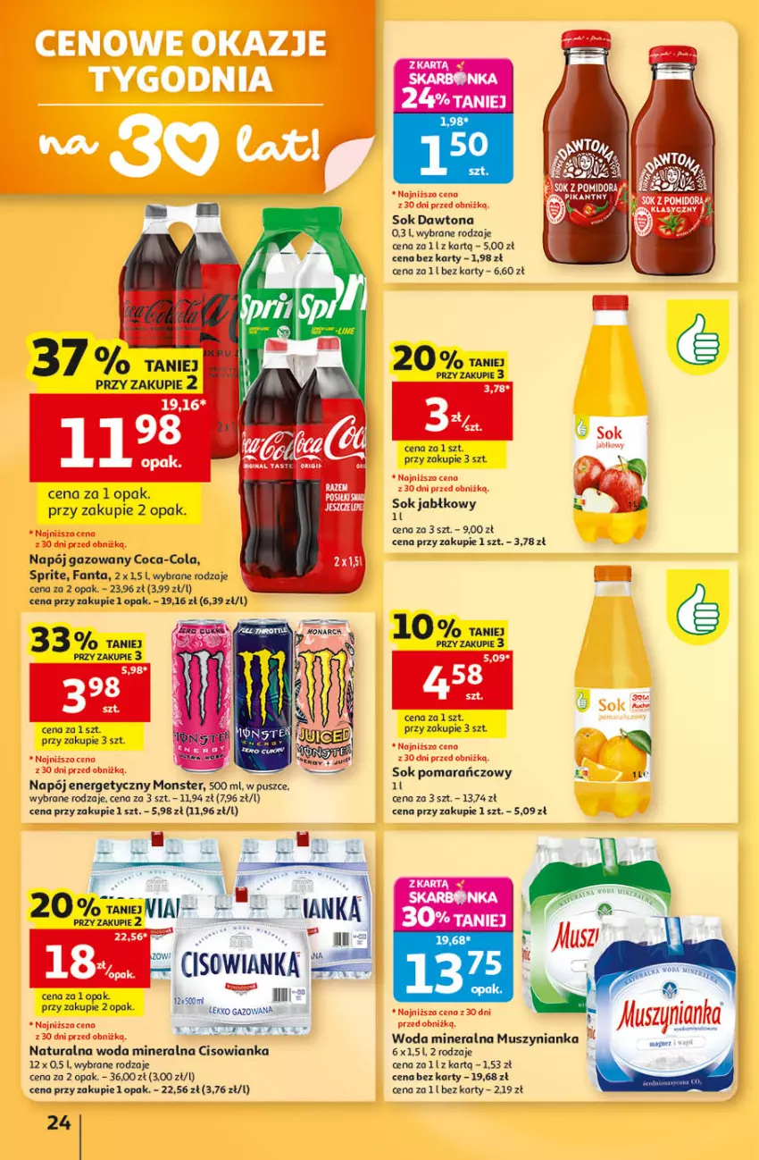 Gazetka promocyjna Auchan - 30 Lat Hipermarket - ważna 24.09 do 30.09.2026 - strona 24 - produkty: Cisowianka, Coca-Cola, Dawtona, Fa, Fanta, Mus, Muszynianka, Napój, Napój energetyczny, Napój gazowany, Sok, Sok jabłkowy, Sok pomarańczowy, Sprite, Woda, Woda mineralna