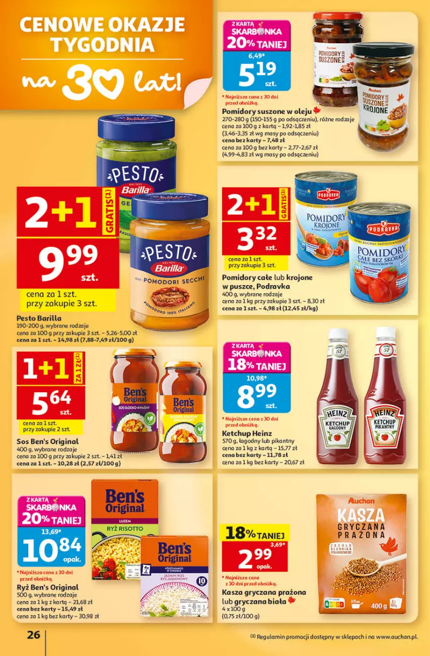 Gazetka promocyjna Auchan - 30 Lat Hipermarket - ważna 24.09 do 30.09.2026 - strona 26 - produkty: Barilla, Be Be, Gin, Gry, Heinz, Kasza, Kasza gryczana, Ketchup, Olej, Pesto, Podravka, Pomidory, Ryż, Sos