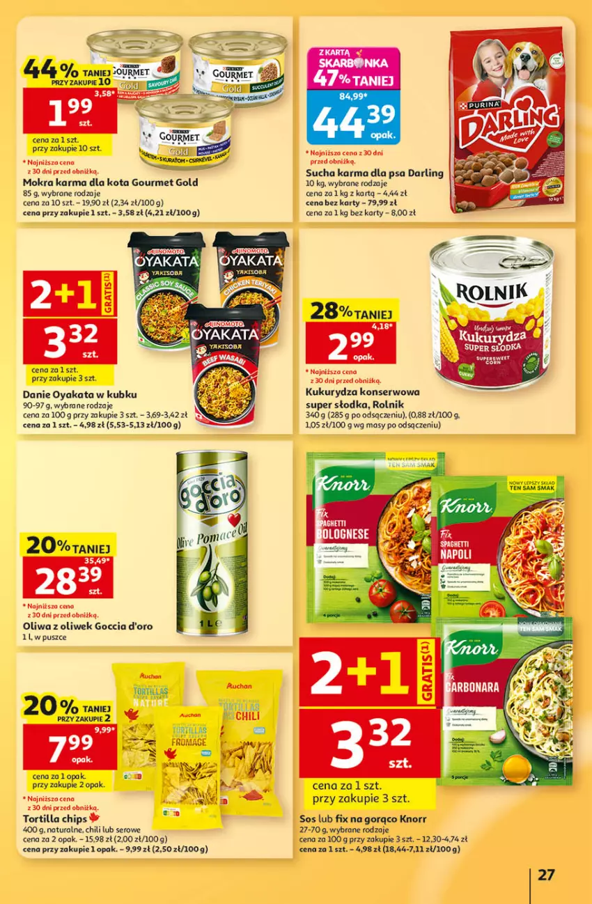 Gazetka promocyjna Auchan - 30 Lat Hipermarket - ważna 24.09 do 30.09.2026 - strona 27 - produkty: Gourmet Gold, Knorr, Kukurydza, Kukurydza konserwowa, Mokra karma, Oliwa, Oliwa z oliwek, Rolnik, Ser, Sos, Sucha karma, Tortilla, Tortilla Chips