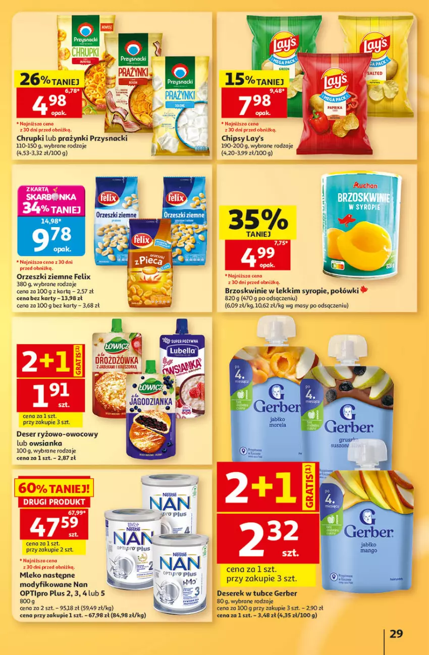 Gazetka promocyjna Auchan - 30 Lat Hipermarket - ważna 24.09 do 30.09.2026 - strona 29 - produkty: Brzoskwinie, Chipsy, Chrupki, Deser, Felix, Gerber, Gra, Mleko, O nas, Orzeszki, Orzeszki ziemne, Owsianka, Przysnacki, Ryż, Ser, Serek, Syrop
