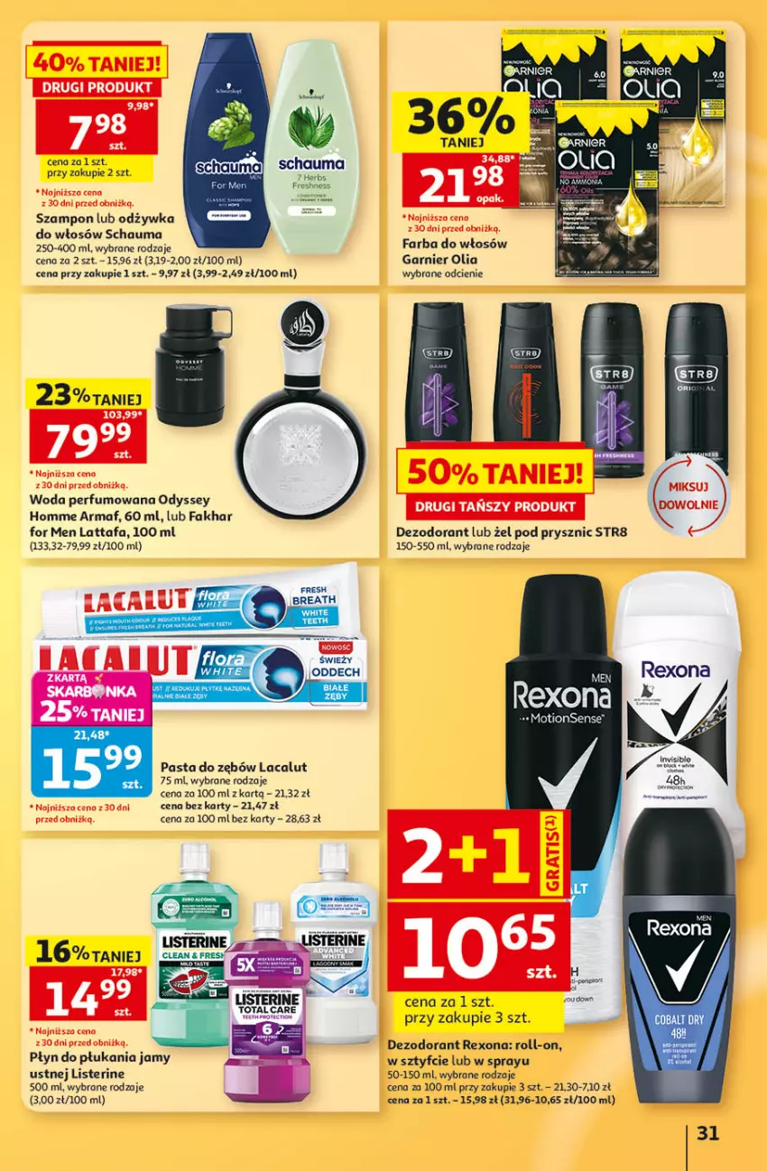 Gazetka promocyjna Auchan - 30 Lat Hipermarket - ważna 24.09 do 30.09.2026 - strona 31 - produkty: Dezodorant, Fa, Farba do włosów, Garnier, Lacalut, Listerine, Odżywka, Pasta do zębów, Perfum, Płyn do płukania, Płyn do płukania jamy ustnej, Por, Rexona, Schauma, Str8, Szampon, Woda, Woda perfumowana