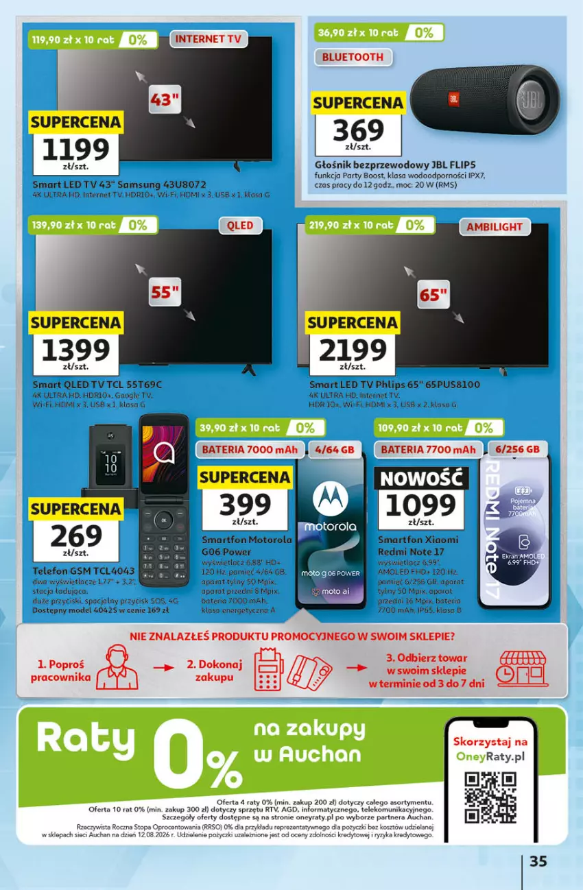Gazetka promocyjna Auchan - 30 Lat Hipermarket - ważna 24.09 do 30.09.2026 - strona 35 - produkty: Amol, Bateria, Głośnik, JBL, Kosz, LED TV, Motorola, Por, Redmi Note, Samsung, Smartfon, Telefon, Top