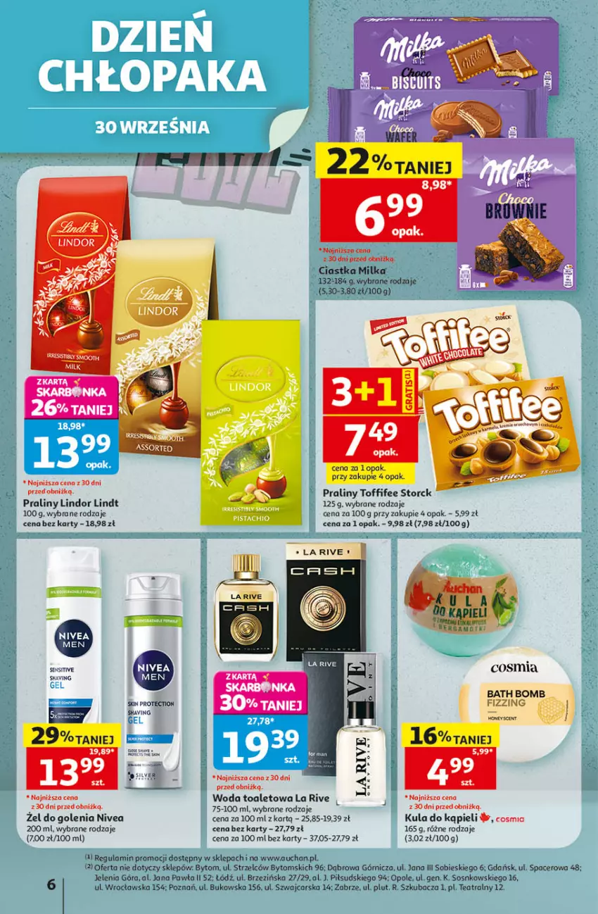 Gazetka promocyjna Auchan - 30 Lat Hipermarket - ważna 24.09 do 30.09.2026 - strona 6 - produkty: Acer, Cars, Ciastka, Kula do kąpieli, La Rive, Lindor, Lindt, Milka, Nivea, Praliny, Ser, Sos, Toffifee, Woda, Woda toaletowa