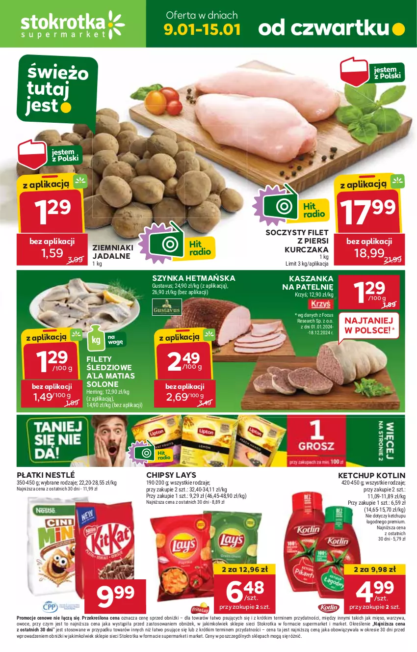 Gazetka promocyjna Stokrotka - Supermarket - ważna 09.01 do 15.01.2025 - strona 1 - produkty: Chipsy, Filet z piersi kurczaka, HP, Kasza, Kaszanka, Ketchup, Kotlin, Kurczak, Lay’s, Nestlé, Szynka, Ziemniaki