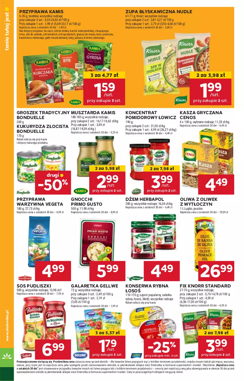 Gazetka promocyjna Stokrotka - Supermarket - ważna 09.01 do 15.01.2025 - strona 18 - produkty: Bonduelle, Cenos, Dżem, Gala, Galaretka, Gnocchi, Groszek, Gry, Herbapol, HP, Kamis, Kasza, Kasza gryczana, Knorr, Kukurydza, Mus, Musztarda, Oliwa, Oliwa z oliwek, Pudliszki, Ser, Sos, Vegeta, Zupa