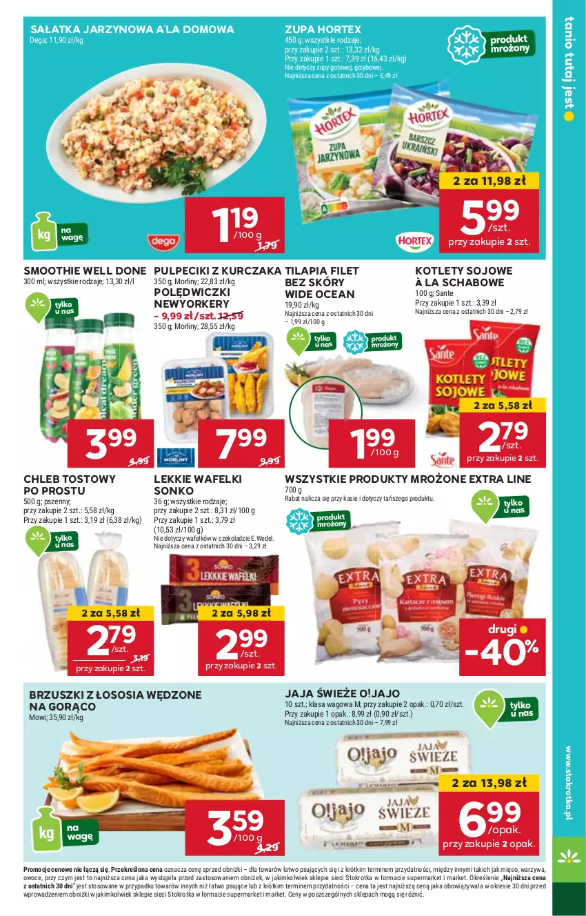 Gazetka promocyjna Stokrotka - Supermarket - ważna 09.01 do 15.01.2025 - strona 19 - produkty: Brzuszki z łososia, Chleb, Chleb tostowy, Hortex, HP, Jaja, Kotlet, Kurczak, Produkty mrożone, Sałat, Sałatka, Smoothie, Sonko, Sos, Tilapia, Zupa