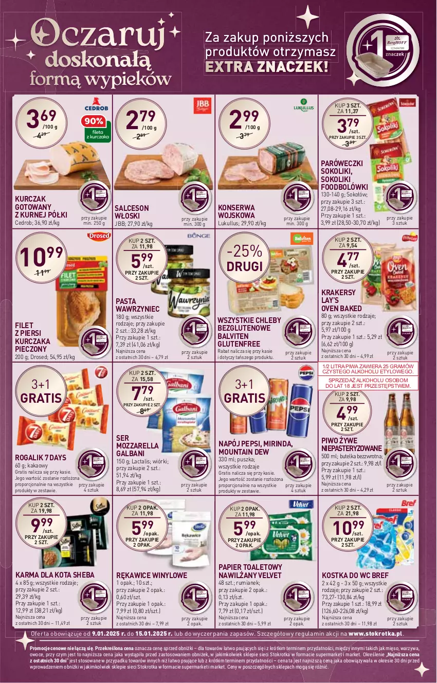 Gazetka promocyjna Stokrotka - Supermarket - ważna 09.01 do 15.01.2025 - strona 29 - produkty: 7 Days, Bref, Chleb, Filet z piersi kurczaka, Galbani, Gra, HP, Kakao, Kostka do wc, Krakersy, Kurczak, Kurczak gotowany, Lay’s, Mirinda, Mozzarella, Napój, Papier, Papier toaletowy, Pepsi, Piec, Piwa, Piwo, Por, Rękawice, Rogal, Rum, Salceson, Ser, Sheba, Sok, Sokołów, Velvet