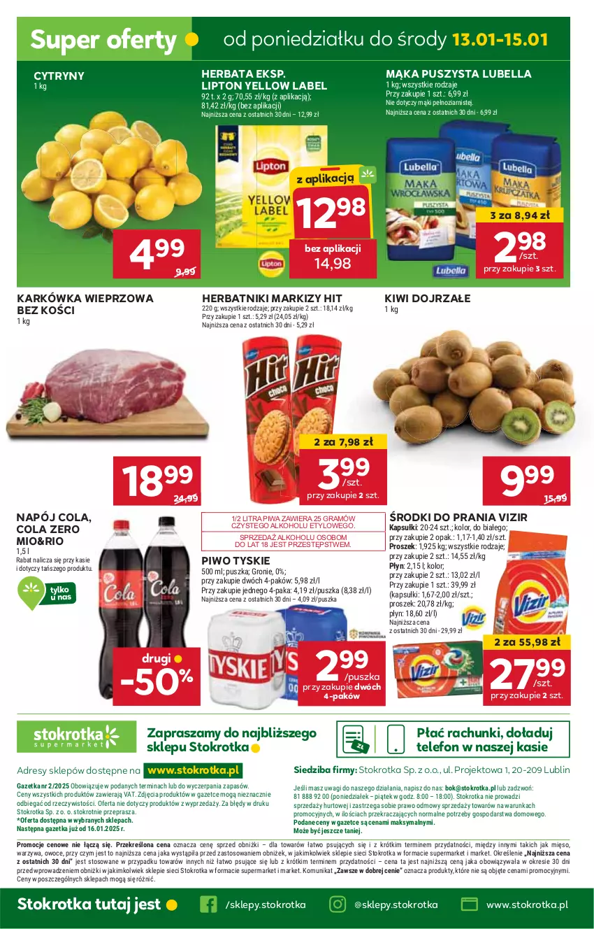 Gazetka promocyjna Stokrotka - Supermarket - ważna 09.01 do 15.01.2025 - strona 30 - produkty: Bell, Bella, Cytryny, Dres, Gra, Herbata, Herbatniki, HP, JBL, Karkówka wieprzowa, Kiwi, Lipton, Lubella, Mąka, Napój, Piwa, Piwo, Telefon, Tyskie, Vizir