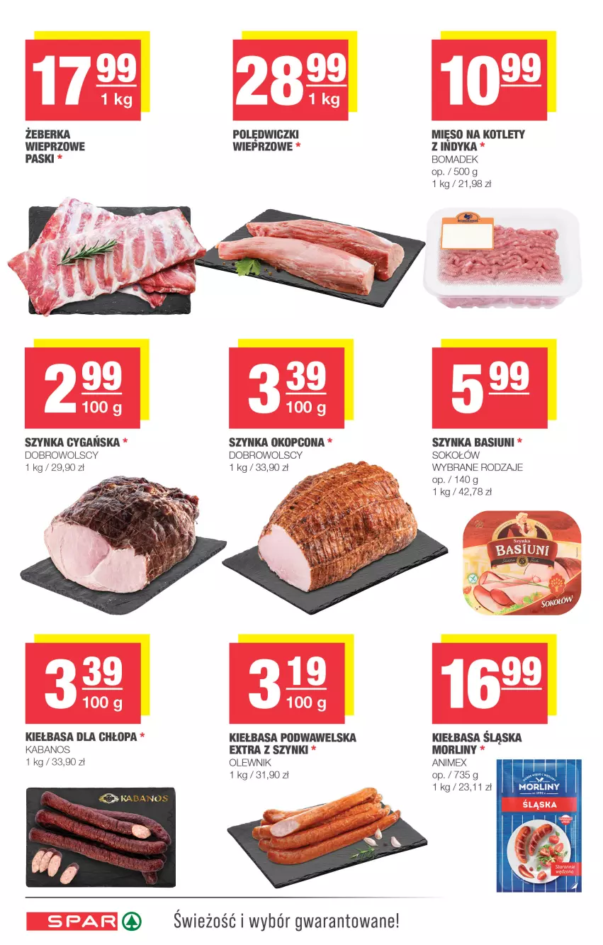 Gazetka promocyjna Spar - Spar - ważna 24.08 do 03.09.2025 - strona 4 - produkty: Kabanos, Kiełbasa, Kiełbasa podwawelska, Kiełbasa śląska, Kotlet, Mięso, Morliny, Olewnik, Sok, Sokołów, Szynka, Wawel