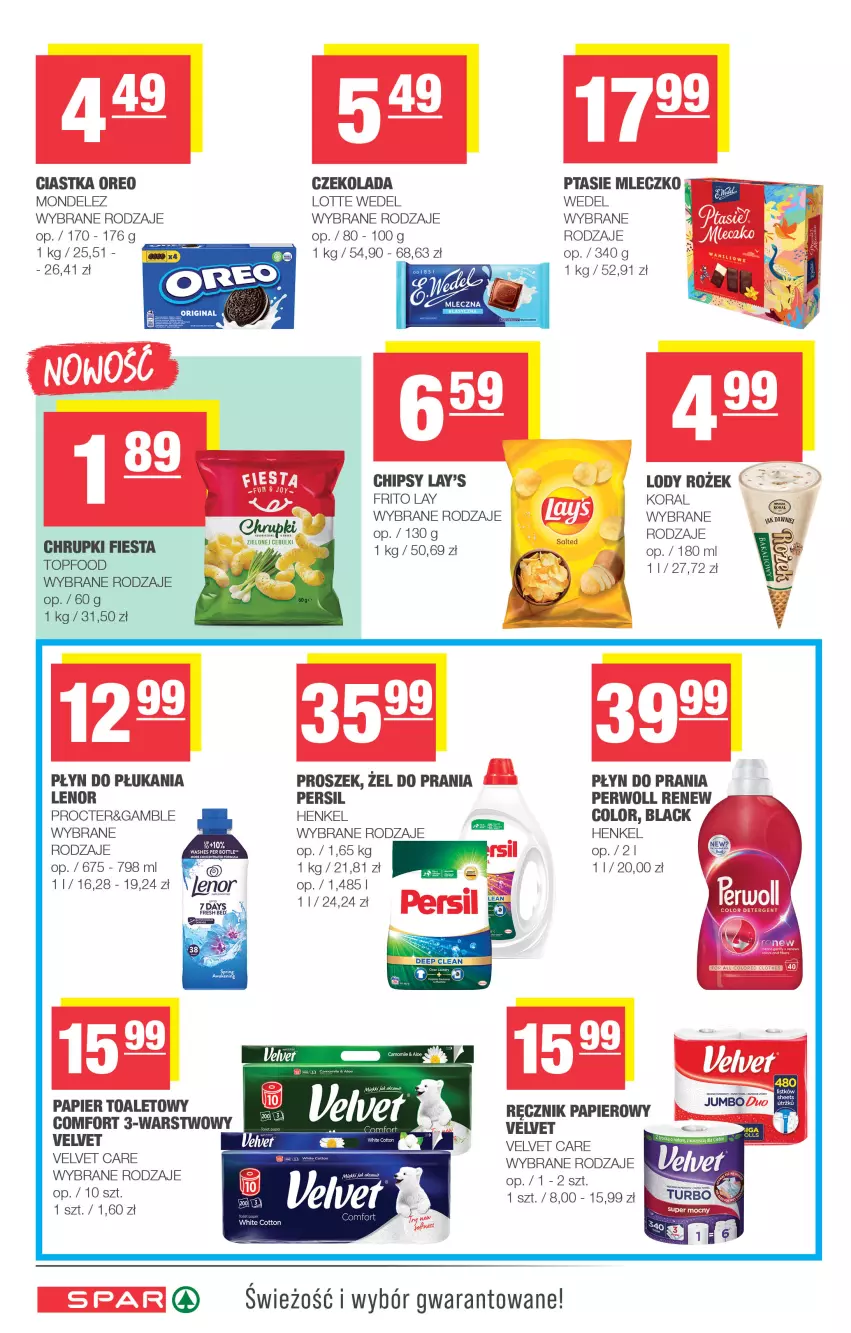 Gazetka promocyjna Spar - Spar - ważna 24.08 do 03.09.2025 - strona 6 - produkty: Blag, Chipsy, Ciastka, Czekolada, Gin, Lenor, Lody, Oreo, Papier, Papier toaletowy, Persil, Perwoll, Płyn do płukania, Płyn do prania, Ręcznik, Top, Velvet