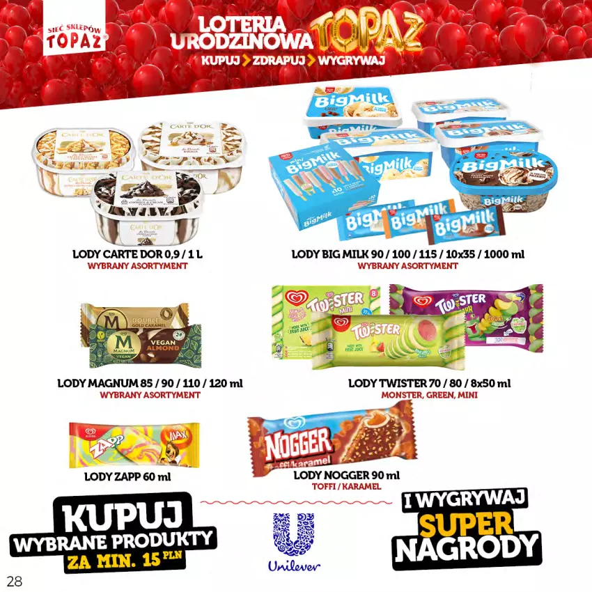 Gazetka promocyjna Topaz - Gazetka - ważna 17.04 do 18.06.2023 - strona 28 - produkty: Big Milk, Lody, Top