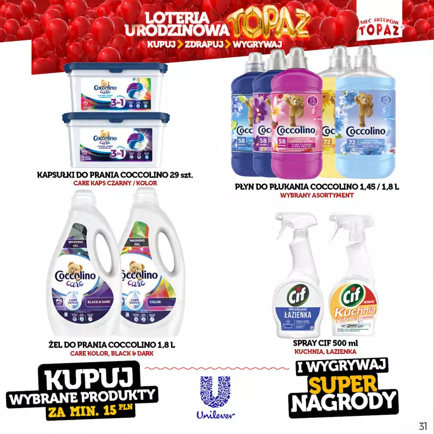 Gazetka promocyjna Topaz - Gazetka - ważna 17.04 do 18.06.2023 - strona 31 - produkty: Cif, Coccolino, Kapsułki do prania, Kuchnia, Lack, Płyn do płukania