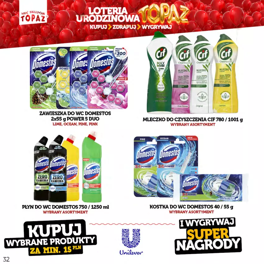 Gazetka promocyjna Topaz - Gazetka - ważna 17.04 do 18.06.2023 - strona 32 - produkty: Cif, Domestos, Kostka do wc, Mleczko, Płyn do wc, Zawieszka do wc