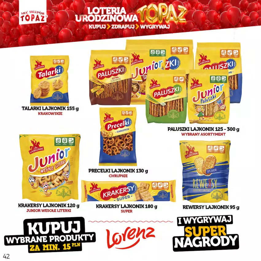 Gazetka promocyjna Topaz - Gazetka - ważna 17.04 do 18.06.2023 - strona 42 - produkty: Chrupki, Krakersy, Lajkonik, Precelki