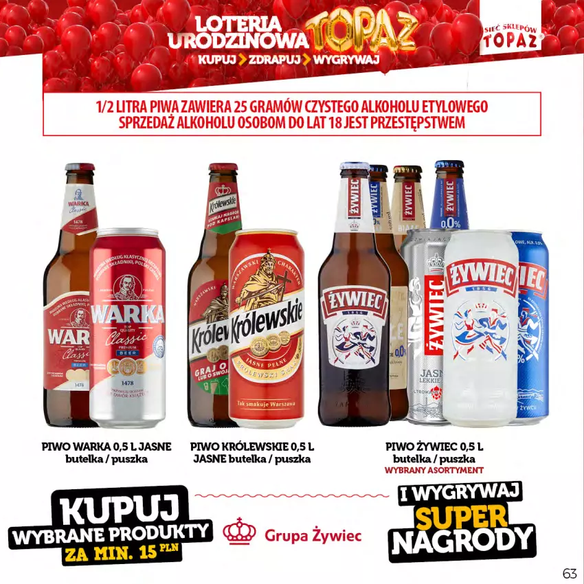 Gazetka promocyjna Topaz - Gazetka - ważna 17.04 do 18.06.2023 - strona 63 - produkty: Królewski, Piwo, Warka