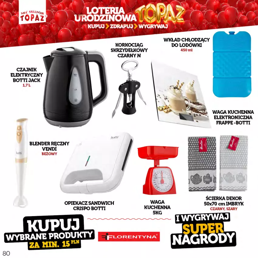 Gazetka promocyjna Topaz - Gazetka - ważna 17.04 do 18.06.2023 - strona 80 - produkty: Blender, Blender ręczny, Czajnik, Czajnik elektryczny, Koc, Korkociąg, Waga