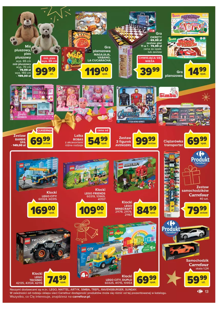 Gazetka promocyjna Carrefour - Gazetka Market - ważna 06.12 do 11.12.2022 - strona 13 - produkty: Avengers, Barbie, Burger, Chodzik, Gra, Lalka, LEGO, LEGO City, LEGO Friends, LG, Mattel, Por, Ravensburger, Sos, Sport, Tran