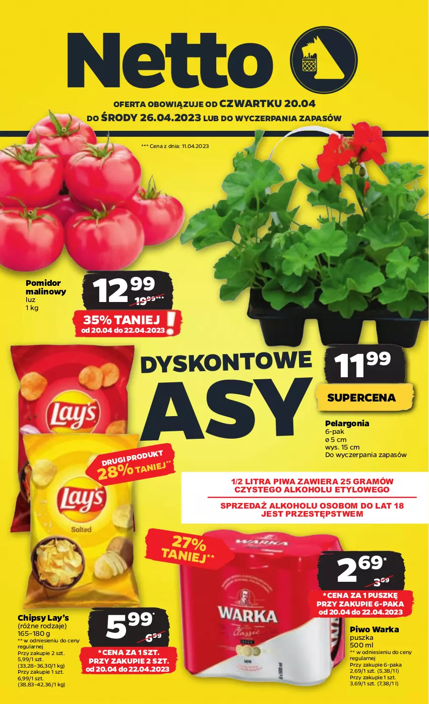 Gazetka promocyjna Netto - Artykuły spożywcze - ważna 20.04 do 26.04.2023 - strona 1 - produkty: Chipsy, Gra, Lay’s, Piwa, Piwo, Pomidor malinowy, Warka