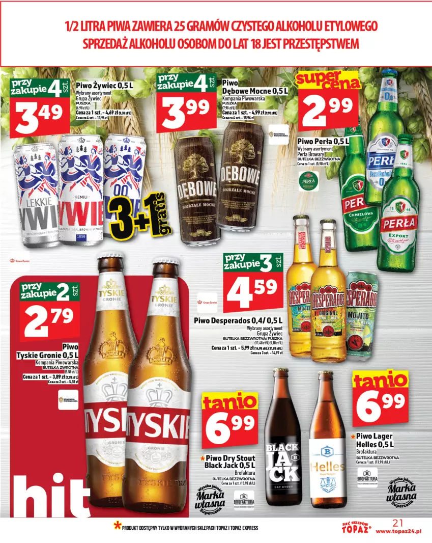 Gazetka promocyjna Topaz - Gazetka - ważna 06.02 do 12.02.2025 - strona 21 - produkty: Desperados, Fa, Lack, Perła, Piwo, Top, Tyskie