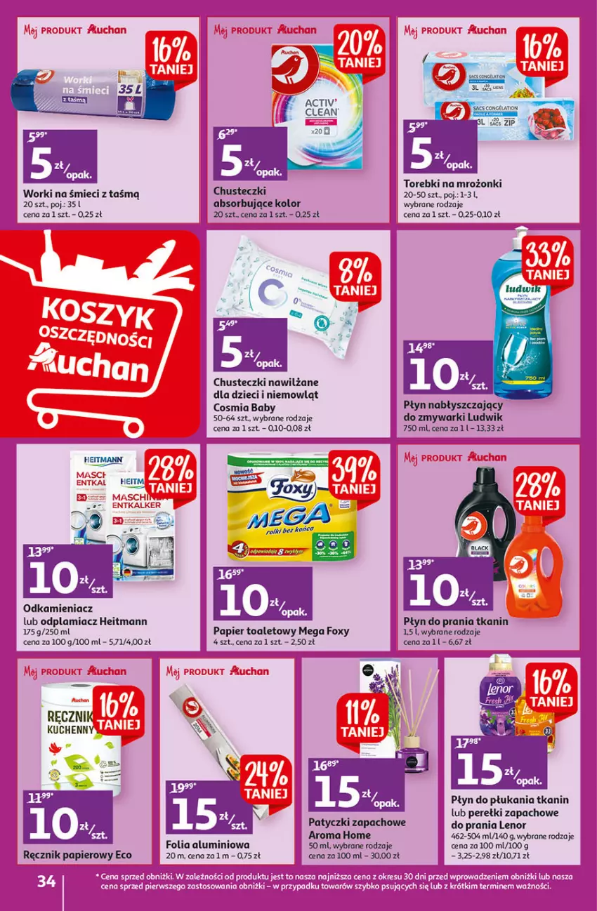 Gazetka promocyjna Auchan - Gazetka Koszyk Oszczędności Hipermarket Auchan - ważna 09.02 do 15.02.2023 - strona 34 - produkty: Chusteczki, Dzieci, Folia aluminiowa, Foxy, Lenor, Ludwik, O nas, Odkamieniacz, Odplamiacz, Papier, Papier toaletowy, Perełki zapachowe, Płyn do płukania, Płyn do prania, Ręcznik, Ręcznik kuchenny, Worki na śmiec, Worki na śmieci, Zmywarki