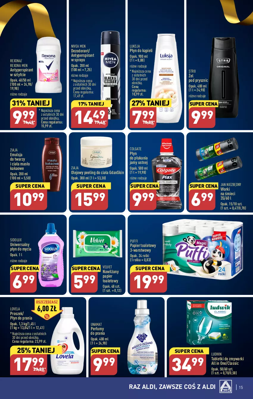 Gazetka promocyjna Aldi - Pełen katalog od 10.07 - ważna 10.07 do 15.07.2023 - strona 15 - produkty: Antyperspirant, Colgate, Dezodorant, Emulsja, Jan Niezbędny, Kakao, LG, Lovela, Ludwik, Luksja, Masło, Nawilżany papier, Nivea, Nivea Men, Olej, Papier, Papier toaletowy, Peeling, Perfum, Płyn do kąpieli, Płyn do mycia, Płyn do płukania, Płyn do płukania jamy ustnej, Płyn do prania, Puf, Rexona, Rolki, Sidolux, Str8, Tablet, Tabletki do zmywarki, Velvet, Worki na śmiec, Worki na śmieci, Ziaja, Zmywarki