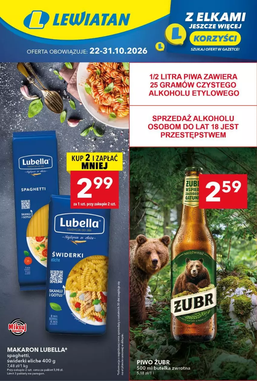 Gazetka promocyjna Lewiatan - Gazetka ogólnopolska - ważna 22.10 do 28.10.2026 - strona 1 - produkty: Bell, Bella, Gra, Lubella, Makaron, Piwa, Piwo, Spaghetti