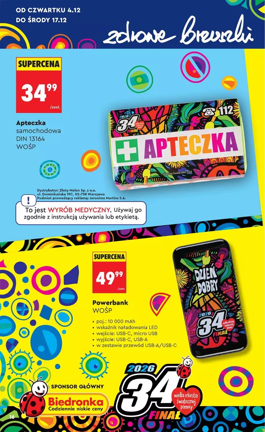 Gazetka promocyjna Biedronka - Okazje Tygodnia - ważna 29.11 do 13.12.2025 - strona 16 - produkty: Apteczka samochodowa, Melon, Powerbank, Przewód