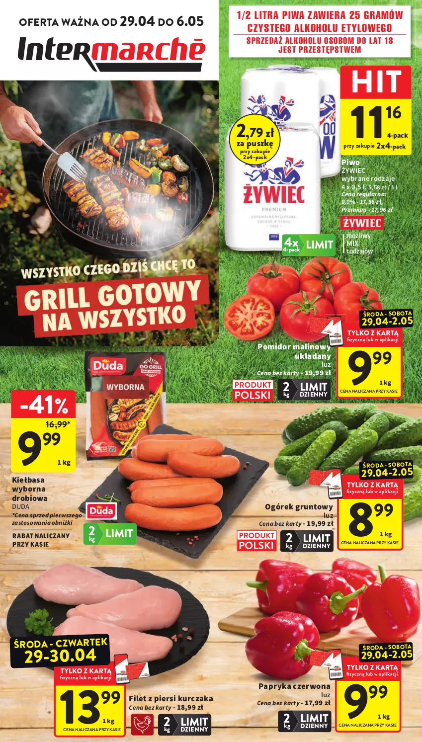 Gazetka promocyjna Intermarche - Gazetka promocyjna - ważna 29.04 do 06.05.2026 - strona 1 - produkty: Duda, Filet z piersi kurczaka, Gra, Grunt, Kiełbasa, Kurczak, Ogórek, Papryka, Papryka czerwona, Piwa, Piwo, Pomidor malinowy