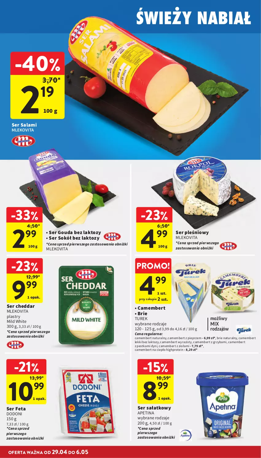 Gazetka promocyjna Intermarche - Gazetka promocyjna - ważna 29.04 do 06.05.2026 - strona 26 - produkty: Brie, Camembert, Cheddar, Feta, Gouda, HP, Mleko, Mlekovita, Pieprz, Salami, Sałat, Ser, Ser pleśniowy, Ser salami, Sok, Sokół