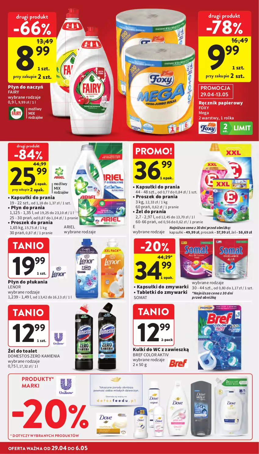 Gazetka promocyjna Intermarche - Gazetka promocyjna - ważna 29.04 do 06.05.2026 - strona 34 - produkty: Ariel, Bref, Domestos, Fa, Fairy, Foxy, Kapsułki do prania, Kulki do wc, Lenor, Papier, Płyn do płukania, Płyn do prania, Proszek do prania, Ręcznik, Somat, Tablet, Tabletki do zmywarki, Zmywarki