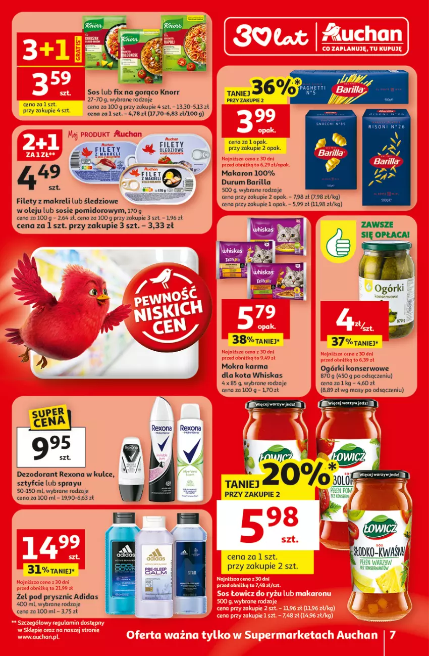 Gazetka promocyjna Auchan - 30 Lat Supermarket - ważna 08.01 do 14.01.2026 - strona 7 - produkty: Adidas, Barilla, Dezodorant, Knorr, Makaron, Mokra karma, Ogórki konserwowe, Olej, Rexona, Rum, Ser, Sos, Whiskas