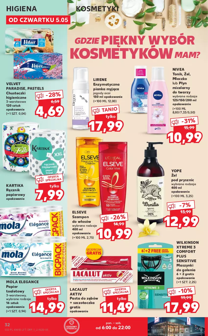 Gazetka promocyjna Kaufland - OFERTA TYGODNIA - ważna 05.05 do 11.05.2022 - strona 32 - produkty: Chusteczki, Elseve, Gra, Jagody, Lacalut, Lirene, Mleczko, Mola, Nivea, Papier, Papier toaletowy, Pasta do zębów, Płyn micelarny, Ręcznik, Szampon, Szczoteczka, Tonik, Velvet, Yope