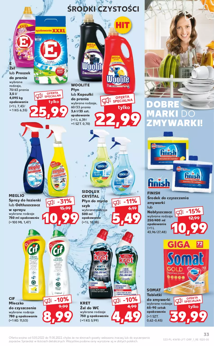 Gazetka promocyjna Kaufland - OFERTA TYGODNIA - ważna 05.05 do 11.05.2022 - strona 33 - produkty: Cif, Finish, Kapsułki do prania, Kret, Mleczko, Odtłuszczacz, Płyn do mycia, Proszek do prania, Sidolux, Somat, Tablet, Tabletki do zmywarki, Woolite, Zmywarki