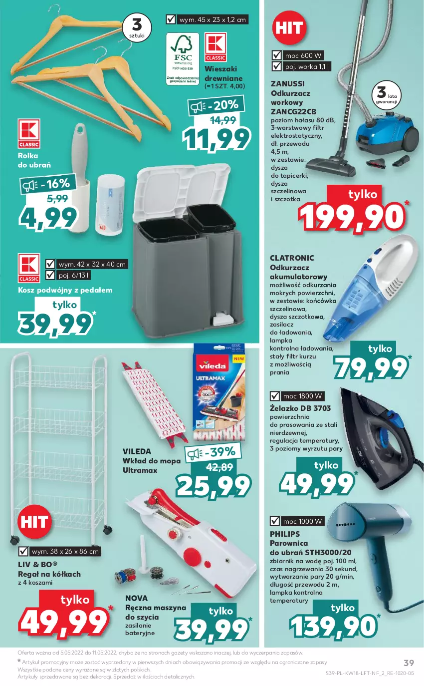 Gazetka promocyjna Kaufland - OFERTA TYGODNIA - ważna 05.05 do 11.05.2022 - strona 39 - produkty: Akumulator, Gra, Kosz, Mop, Odkurzacz, Orka, Parownica, Philips, Rama, Regał, Silan, Szczotka, Szyna, Vileda, Wieszak, Wkład do mopa