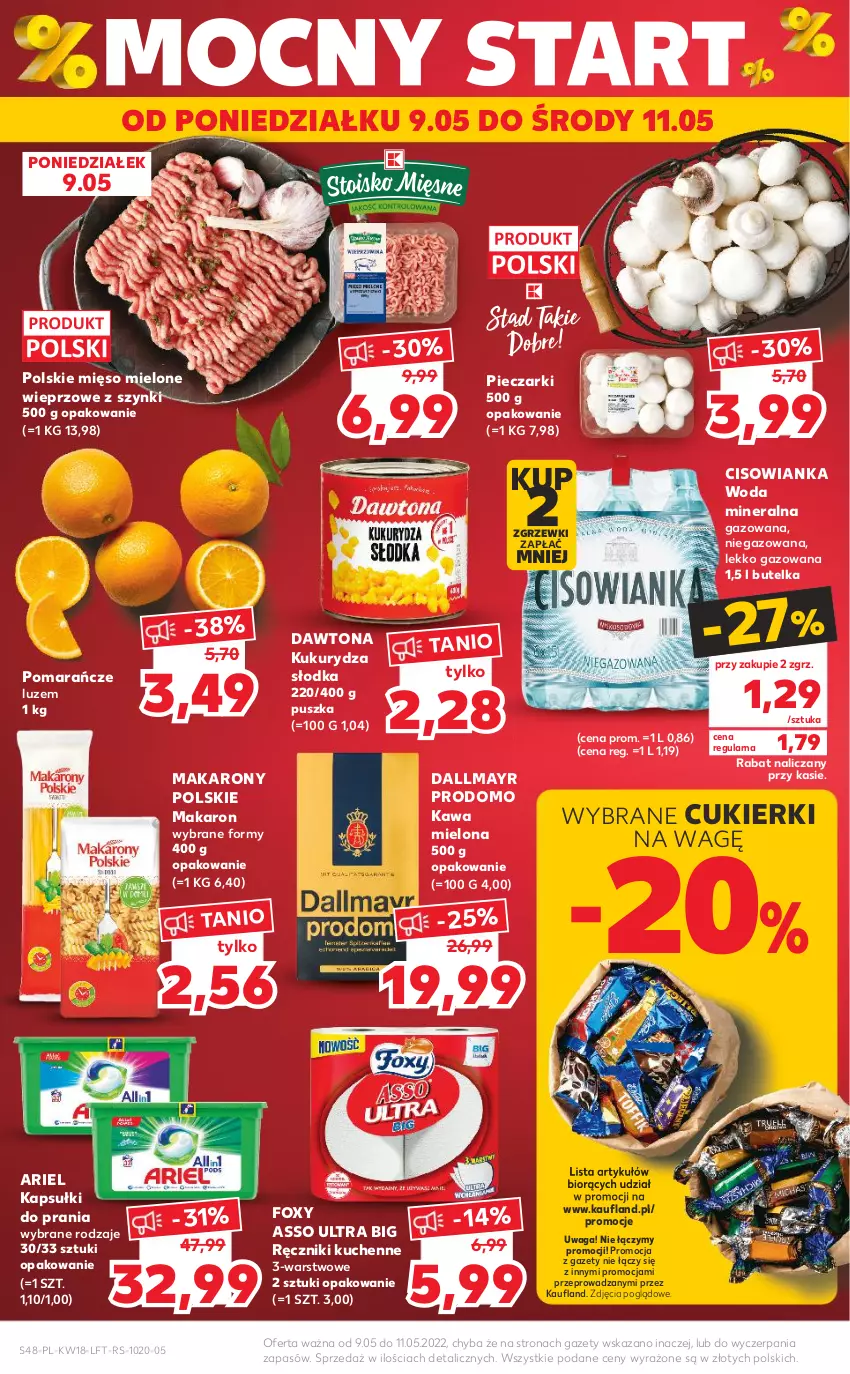 Gazetka promocyjna Kaufland - OFERTA TYGODNIA - ważna 05.05 do 11.05.2022 - strona 48 - produkty: Ariel, Cisowianka, Cukier, Cukierki, Dallmayr, Dawtona, Foxy, Kapsułki do prania, Kawa, Kawa mielona, Kukurydza, Makaron, Mięso, Mięso mielone, Piec, Pomarańcze, Ręcznik, Waga, Woda, Woda mineralna