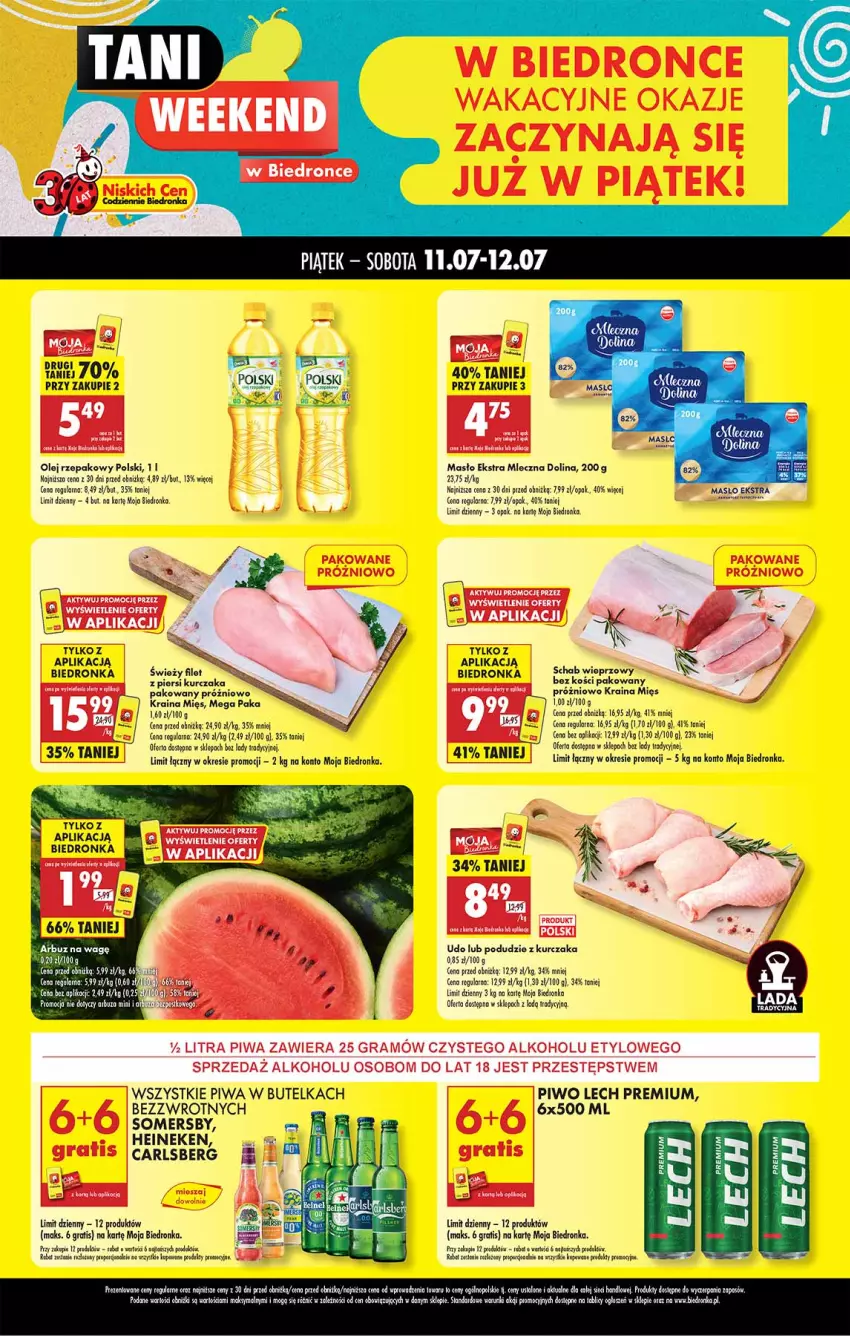 Gazetka promocyjna Biedronka - Tani Weekend - ważna 11.07 do 12.07.2025 - strona 1 - produkty: Arbuz, Carlsberg, Gra, Heineken, Koc, Kurczak, Lech Premium, LG, Masło, Olej, Olej rzepakowy, Piwa, Piwo, Podudzie z kurczaka, Por, Somersby