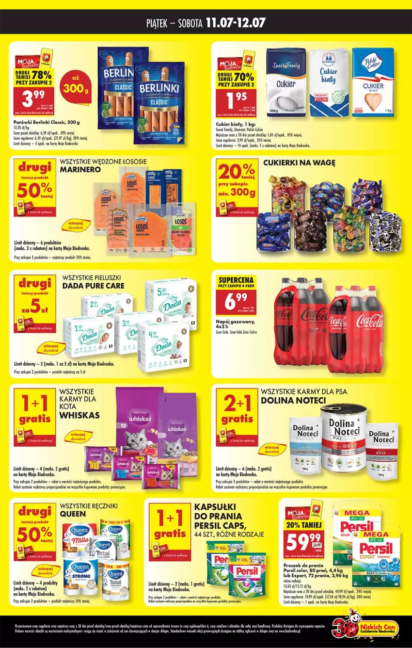 Gazetka promocyjna Biedronka - Tani Weekend - ważna 11.07 do 12.07.2025 - strona 2 - produkty: Berlinki, Coca-Cola, Cukier, Cukierki, Dada, Diamant, Fa, Gra, Leon, LG, Parówki, Persil, Por, Proszek do prania, Pur, Ręcznik, Sos, Whiskas