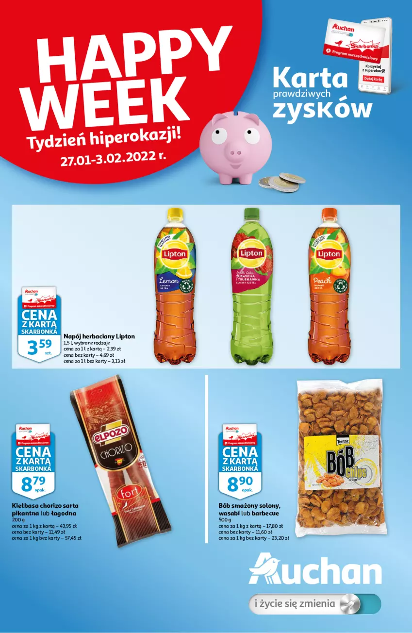 Gazetka promocyjna Auchan - Skarbonka #4 - ważna 27.01 do 03.02.2022 - strona 1 - produkty: Kiełbasa, Lipton, Napój, Wasa