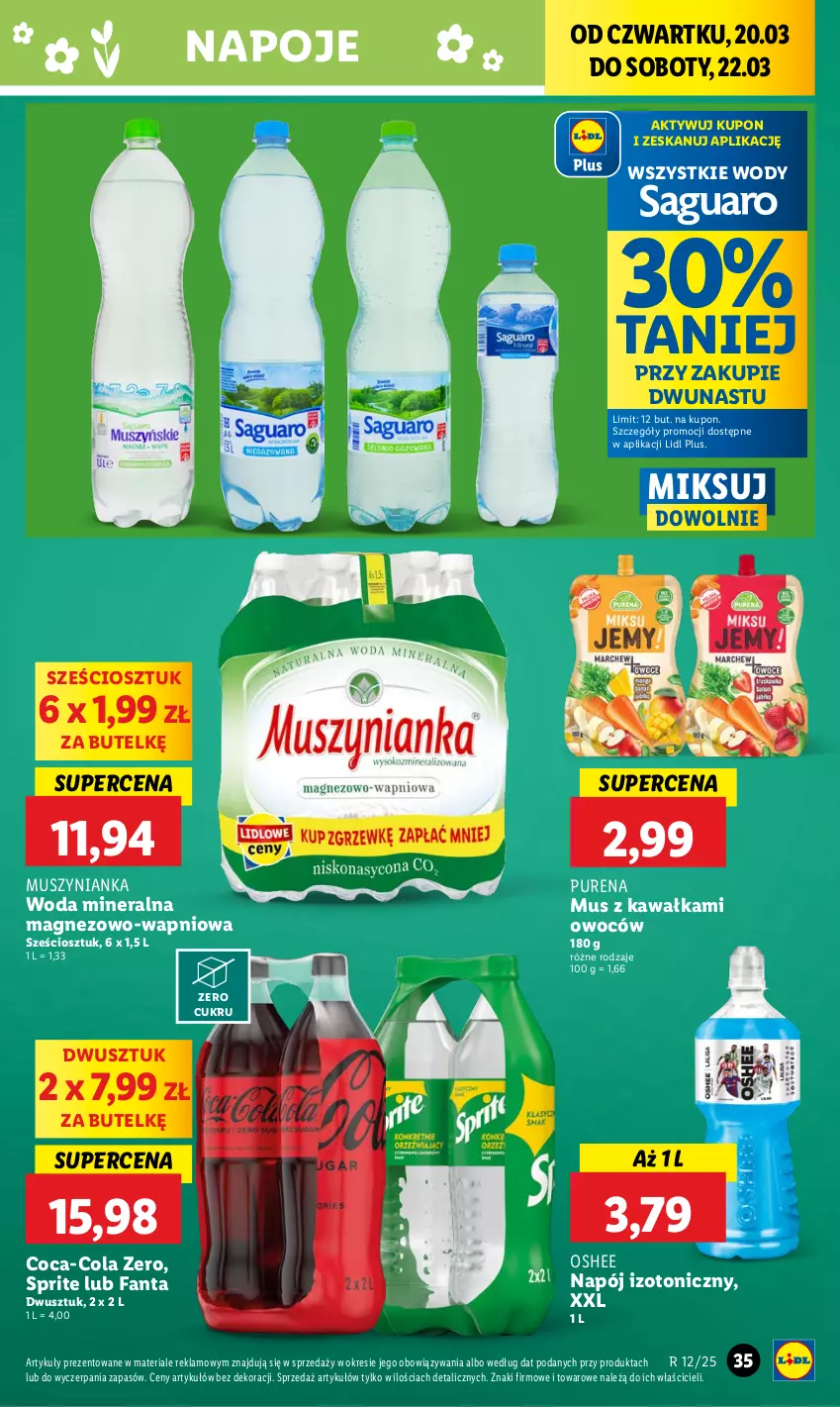 Gazetka promocyjna Lidl - GAZETKA - ważna 20.03 do 22.03.2025 - strona 41 - produkty: Coca-Cola, Fa, Fanta, Kawa, Magnez, Mus, Muszynianka, Napój, Napój izotoniczny, Napoje, Oshee, Pur, Sprite, Woda, Woda mineralna