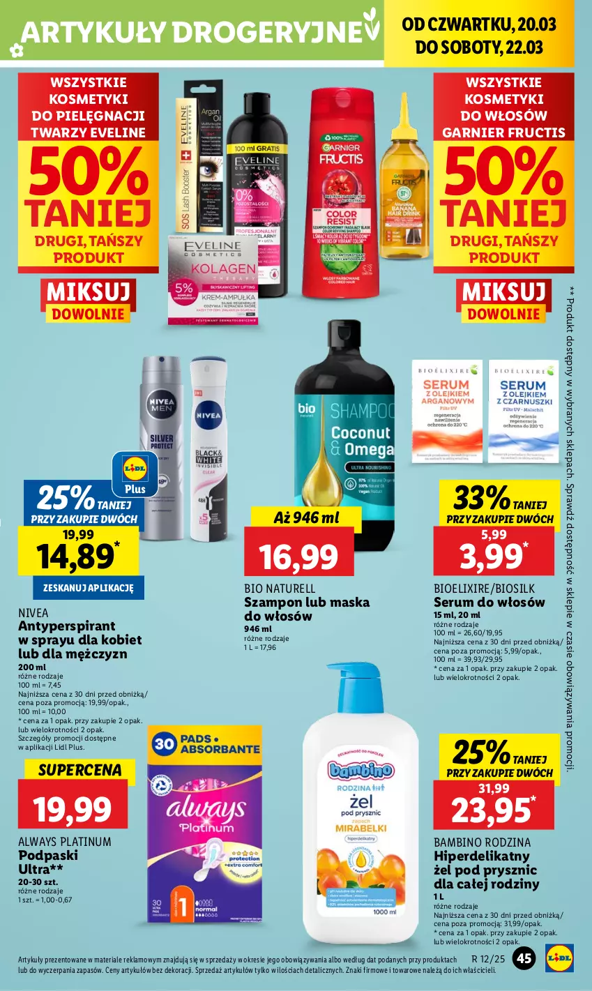 Gazetka promocyjna Lidl - GAZETKA - ważna 20.03 do 22.03.2025 - strona 51 - produkty: Always, Antyperspirant, Eveline, Fructis, Garnier, Kosmetyki do pielęgnacji, Maska, Maska do włosów, Naturell, Nivea, Podpaski, Rum, Ser, Serum, Serum do włosów, Szampon