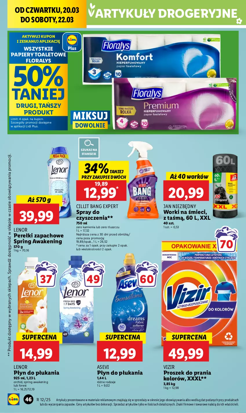 Gazetka promocyjna Lidl - GAZETKA - ważna 20.03 do 22.03.2025 - strona 52 - produkty: Cillit Bang, Flora, Jan Niezbędny, Lenor, Papier, Perełki zapachowe, Płyn do płukania, Proszek do prania, Spray do czyszczenia, Vizir, Worki na śmiec, Worki na śmieci